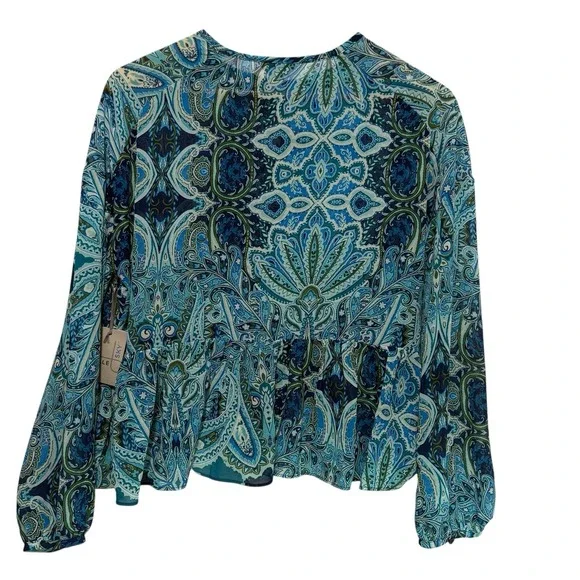 Belle Sky Women Boho Peplum Top XS Blue Teal Paisley Tie Neck Sheer Whimsy NEW - Picture 2 of 8